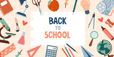 Banner with school supplies. Vector illustration