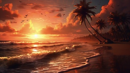 Illustration of a stunning sunset over the beach, created with Generative Ai Technology