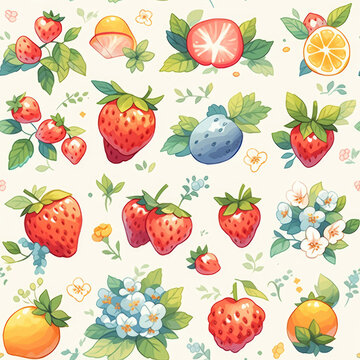 Photo seamless pattern with fruits and flowers