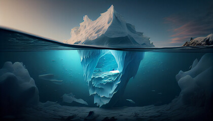 Iceberg in polar regions. Underwater image of an iceberg with a stunning, translucent sea and the concepts of global warming, Ai generated image 