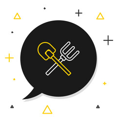 Line Shovel and rake icon isolated on white background. Tool for horticulture, agriculture, gardening, farming. Ground cultivator. Colorful outline concept. Vector