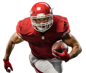 An American football player runs with a ball in a red and white uniform. Isolated on a transparent background