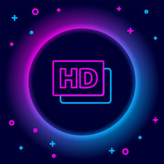 Glowing neon line Hd movie, tape, frame icon isolated on black background. Colorful outline concept. Vector