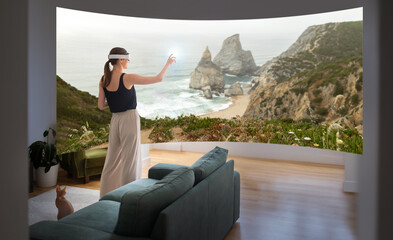 Lady In Virtual Reality Headset Touching Touchscreen With Seascape Indoor