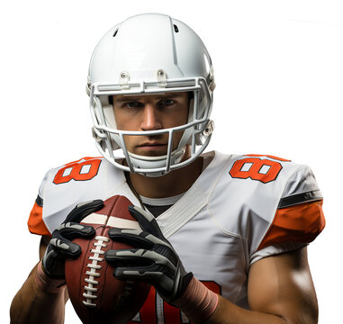An American football player holds the ball in his hands. Transparent isolated background