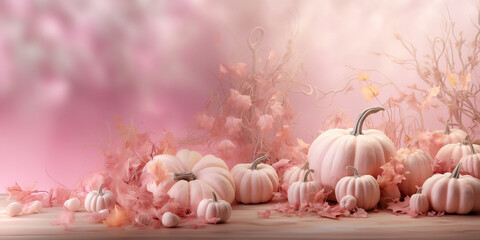 Generative AI. Halloween background, soft pink colors, pumpkins. - obrazy, fototapety, plakaty