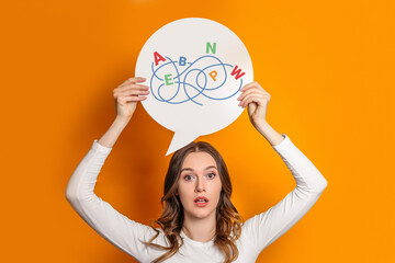young shocked female student holding paper speech bubble paper isolated over orange background - obrazy, fototapety, plakaty