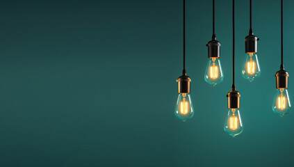 Randomly Hanging Light Bulbs on Green Background with Ample Space for Text - AI-Generated