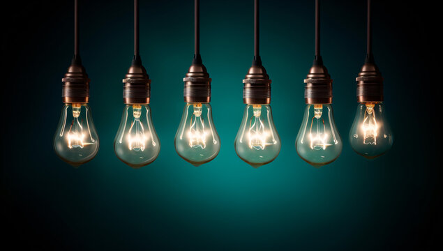 Parallel Hanging Light Bulbs on Green Background - AI-Generated
