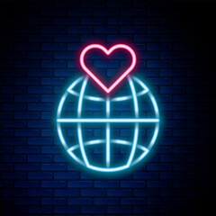 Glowing neon line Human hand holding Earth globe icon isolated on brick wall background. Save earth concept. Colorful outline concept. Vector