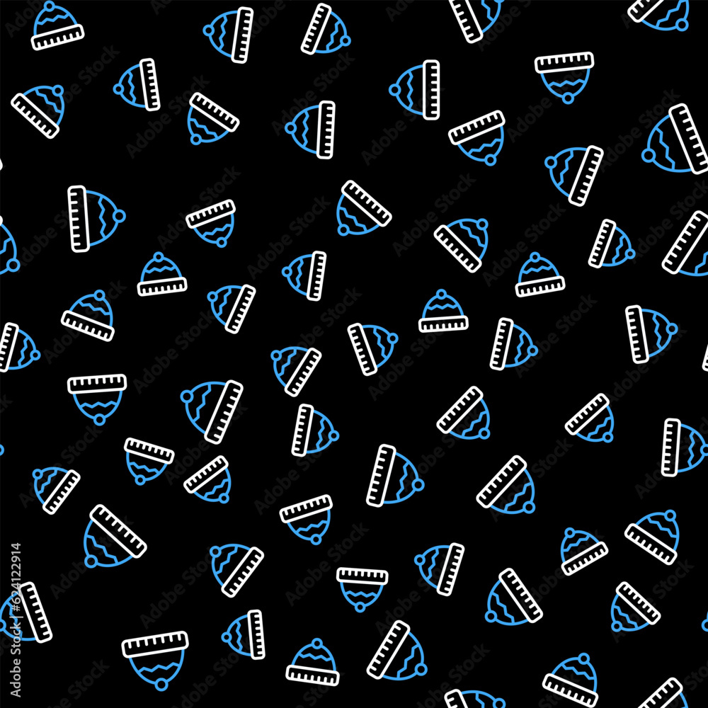 Sticker Line Winter hat icon isolated seamless pattern on black background. Vector