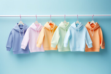 Kids hooded sweatshirts in a pastel color palette hang on a rack in a line isolated on a blue background. Creative concept for a fashionable children's clothing store. Generative AI studio photo.