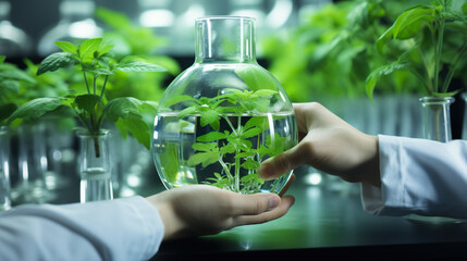 A person holding a bottle with plants in it. Generative AI. Plant research facility, biological research laboratory.