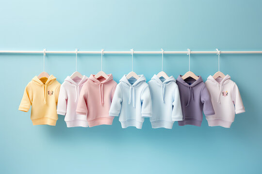 Kids hooded sweatshirts in a pastel color palette hang on a rack in a line isolated on a blue background. Creative concept for a fashionable children's clothing store. Generative AI studio photo.