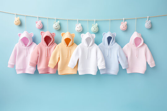 Kids hooded sweatshirts in a pastel color palette hang on a rack in a line isolated on a blue background. Creative concept for a fashionable children's clothing store. Generative AI studio photo.