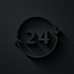 Paper cut Clock 24 hours icon isolated on black background. All day cyclic icon. 24 hours service symbol. Paper art style. Vector
