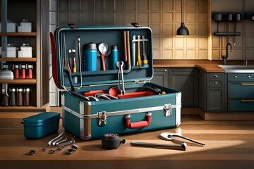 toolbox with tools in the workshop, a top view - Generative AI