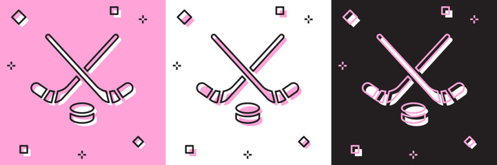 Set Ice hockey sticks and puck icon isolated on pink and white, black background. Game start. Vector