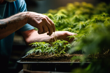 Skilled Hands Trimming Cannabis Plant in a Modern Light Industrial Indoor Marijuana Farm - High-Quality Stock Image Capturing the Art of Cannabis Cultivation and Processing for Medical and Recreationa