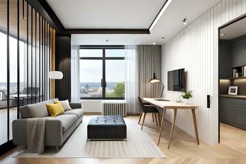 Modern contrast interior in the style scandinavian, a place for study. 3D rendering
