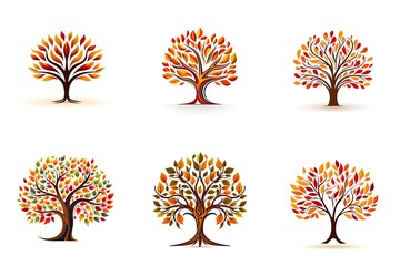 A set of 6 stylized trees with different autumn leaf colors. Generative AI.