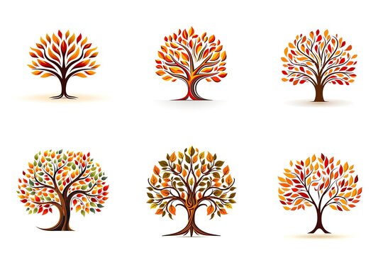 A set of 6 stylized trees with different autumn leaf colors. Generative AI.