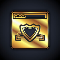 Gold Browser with shield icon isolated on black background. Security, safety, protection, privacy concept. Vector