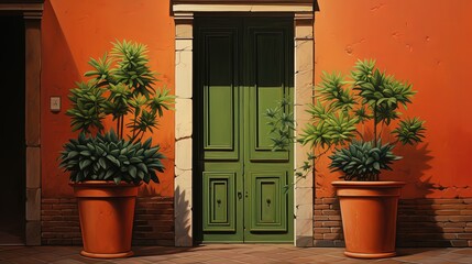 Fototapeta na wymiar rustic old green wooden front door with pot plant garden, Generative Ai