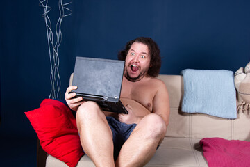 Funny fat man watching adult movie and chatting.