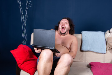 Funny fat man watching adult movie and chatting.
