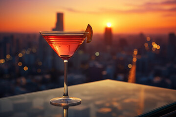 Sipping Elegance: A Beautiful Cocktail at a Rooftop Bar Overlooking a Gorgeous City with Tall Buildings at Sunset