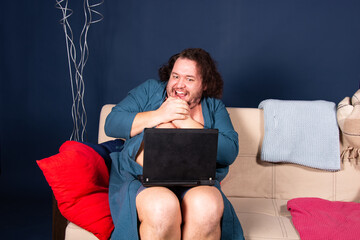 Funny fat man watching adult movie and chatting.