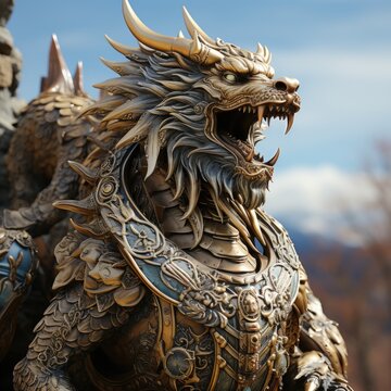 A close up of a statue of a dragon. Generative AI.