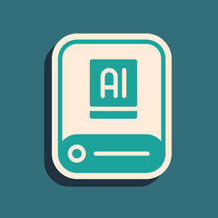 Green Artificial intelligence AI icon isolated on green background. Machine learning, cloud computing, automated support assistance and networks. Long shadow style. Vector