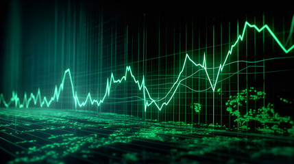 exponential graph, increasing bar graph upward to the right, green, cash increasing, profit, lots of money, business dashboard, (Generative AI) - obrazy, fototapety, plakaty