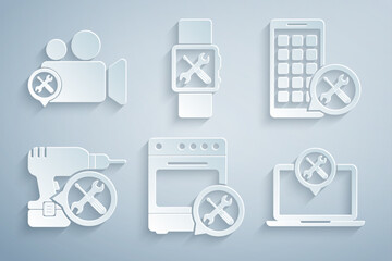 Set Oven service, Mobile Apps, Drill machine, Laptop, Smartwatch and Video camera icon. Vector