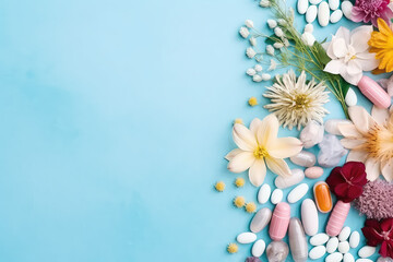 Fototapeta na wymiar Top view of fresh flowers, capsules and tablets lying on a flat blue background with copy space. Creative banner template, natural vitamins, eco healthy herbal supplements. Generative AI.