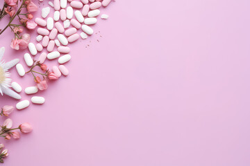 Obraz premium Top view of fresh flowers, capsules and tablets lying on a flat pink background with copy space. Creative banner template, natural vitamins, eco healthy herbal supplements. Generative AI.