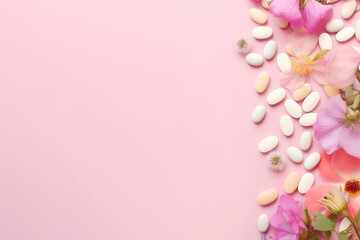 Fototapeta na wymiar Top view of fresh flowers, capsules and tablets lying on a flat pink background with copy space. Creative banner template, natural vitamins, eco healthy herbal supplements. Generative AI.
