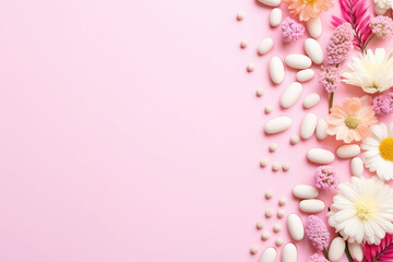 Top view of fresh flowers, capsules and tablets lying on a flat pink background with copy space. Creative banner template, natural vitamins, eco healthy herbal supplements. Generative AI.