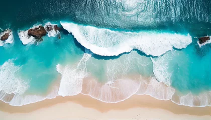 Stoff pro Meter A relaxing aerial beach scene serves as the banner for the summer holiday. Amazingly blue ocean waves, the seashore, and the coastline. Ai generated image © PixxStudio
