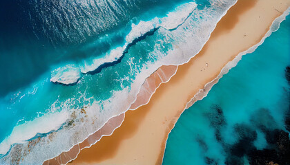 Fototapeta na wymiar A relaxing aerial beach scene serves as the banner for the summer holiday. Amazingly blue ocean waves, the seashore, and the coastline. Ai generated image