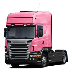 Modern European truck with pink color and black plastic bumper. Front side view isolated on white background.