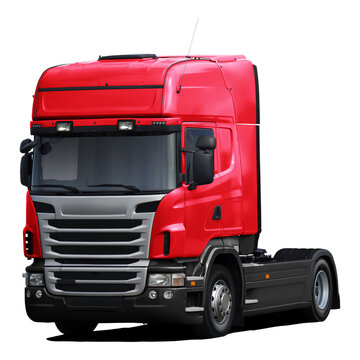 Modern European truck with red color and black plastic bumper. Front side view isolated on white background.