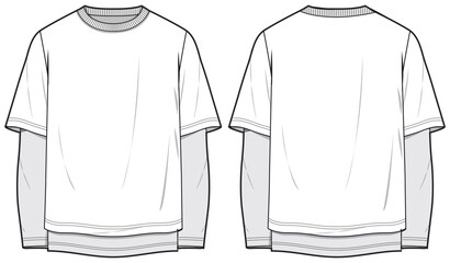 Men's long sleeve Crew neck T Shirt flat sketch fashion illustration with front and back view. Doctor Sleeve T-Shirt drawing vector template mock up