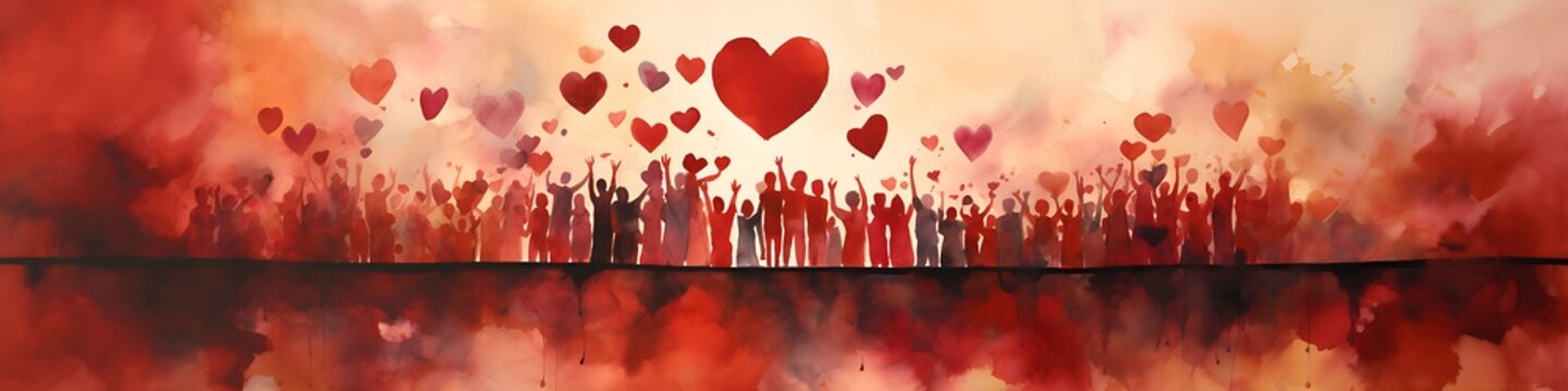 Diverse people with arms and hands raised towards hand painted hearts. Charity donation, volunteer work, support, assistance. Multicultural community. People diversity.