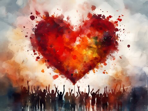 Red Heart of Energy: Watercolor Illustration Spreading Love to People Around the World