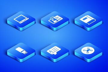 Set Chemical formula, Laptop, Speech bubbles with Answer, USB flash drive, Identification badge and Book icon. Vector
