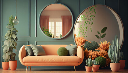 Interior design. Interior of a minimalist living room including a wooden floor, a round coffee table, a soft blue sofa, and a geometric wall design. one that is horizontal, Ai generated image
