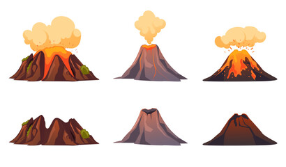 Volcano smoke active volcanic fire landscape concept. Vector graphic design illustration 